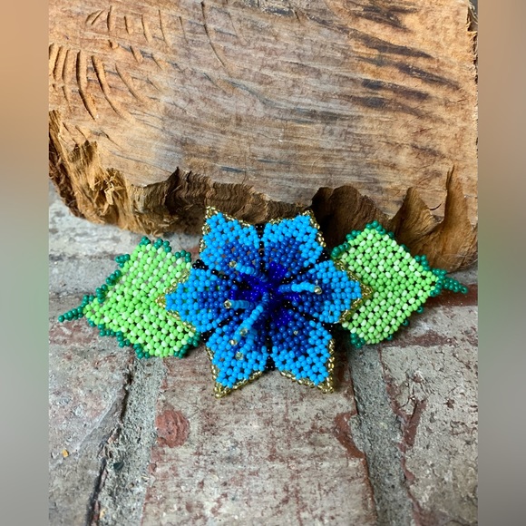 Large Blue Beaded Flower Hair Clip - Boho Chic Hair Accessories - Picture 5 of 5